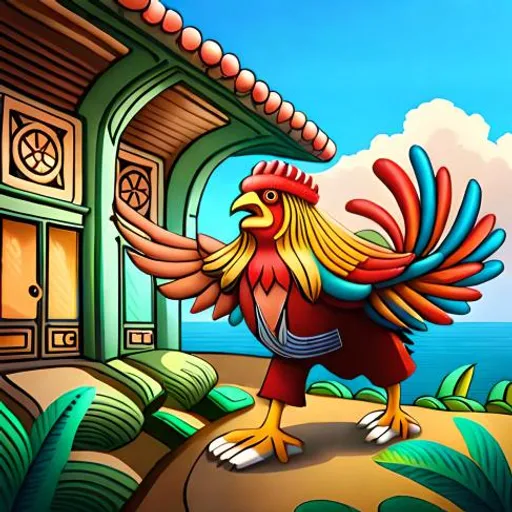 a colorful rooster standing in front of a house