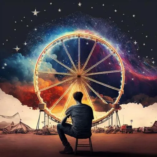 a man sitting on a chair looking at a ferris wheel