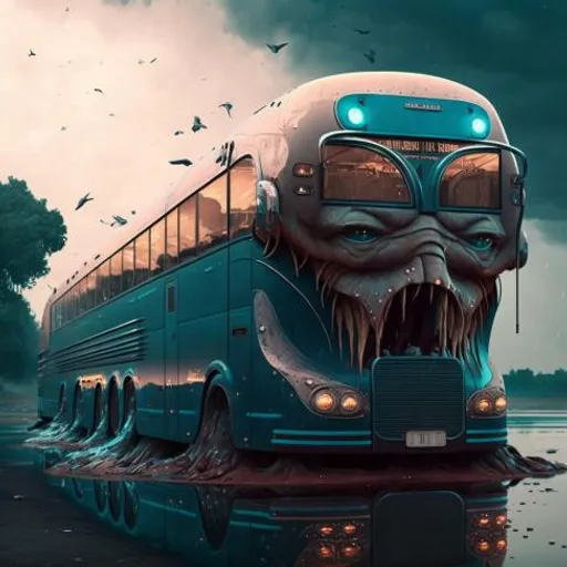 a double decker bus with a monster face on the front