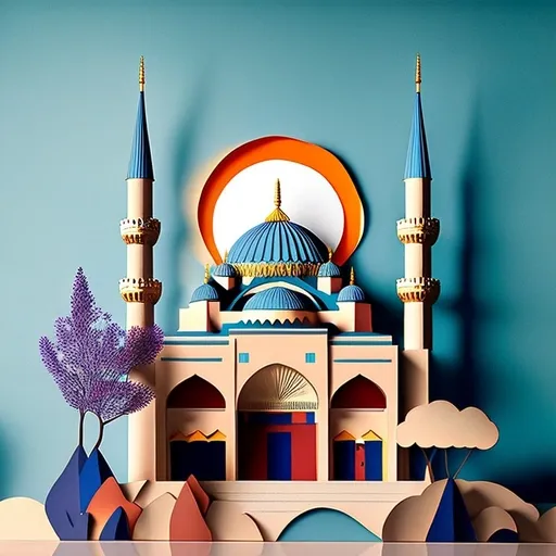 a paper cut of a mosque with a blue dome