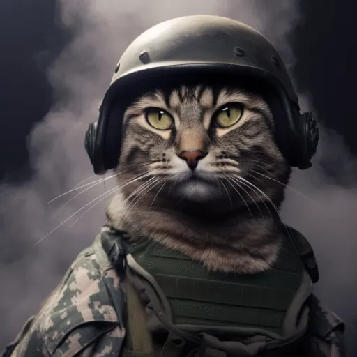 a cat wearing a military uniform and a helmet