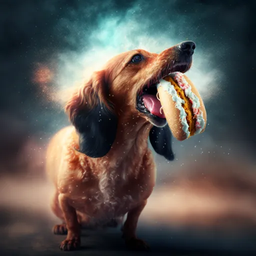 a dog holding a hot dog in its mouth