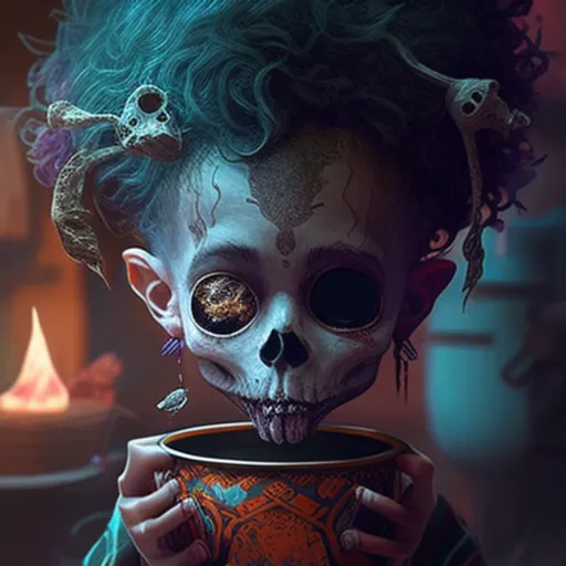 a skeleton holding a cup in a dark room