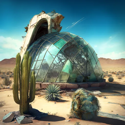 a desert scene with a cactus and a glass building