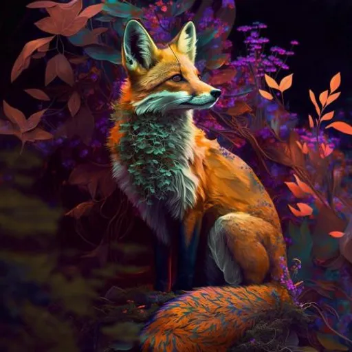 a painting of a fox sitting in a forest