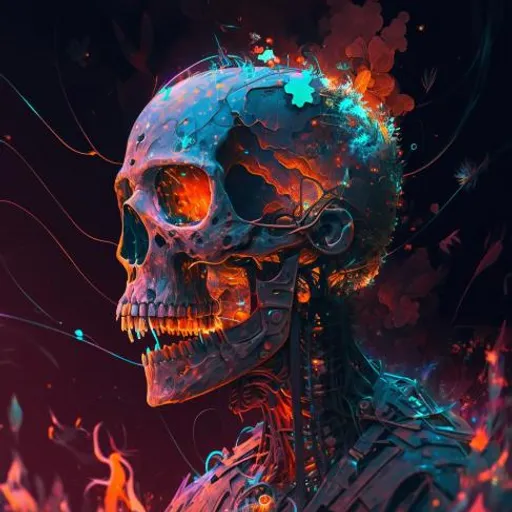 a digital painting of a skeleton with colorful paint splatters