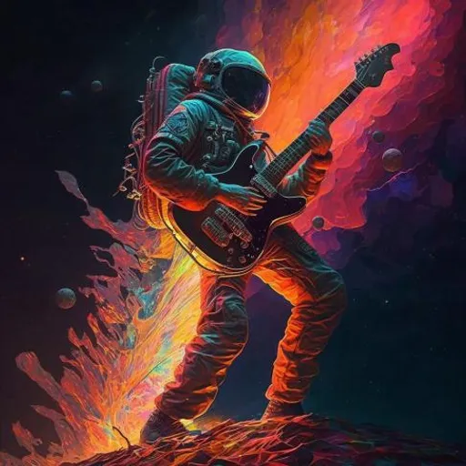 a painting of an astronaut playing a guitar