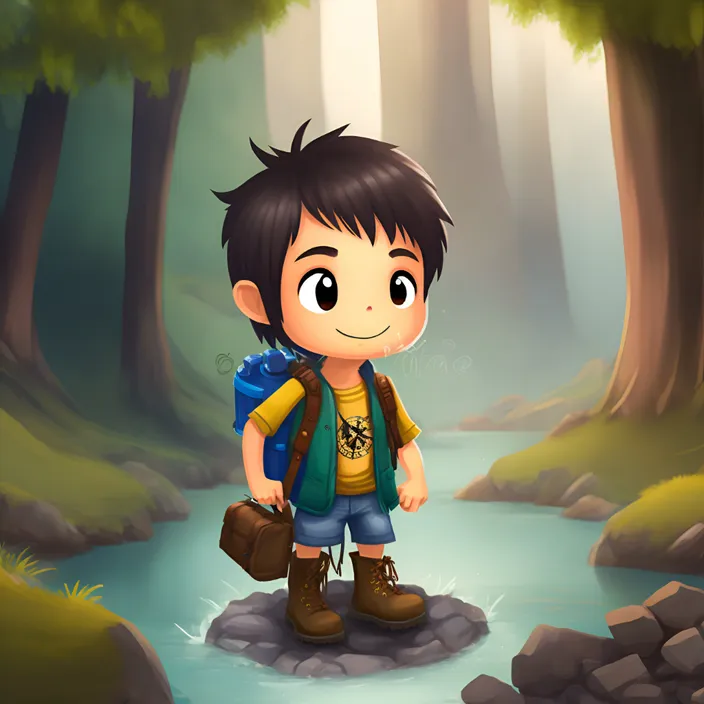 a boy with a backpack standing on a rock in a forest