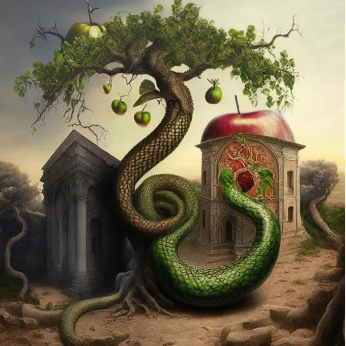 a painting of an apple and a snake