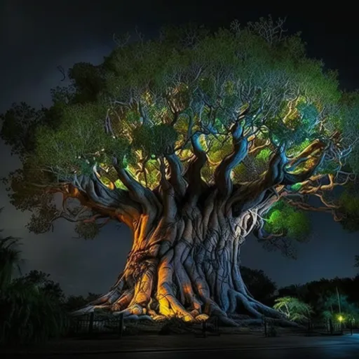 a large tree that is lit up at night