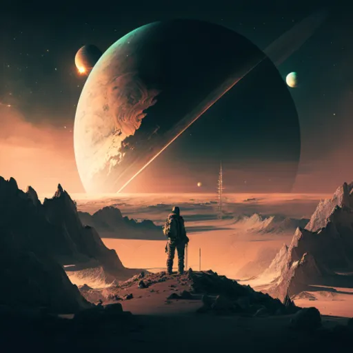 a man standing on top of a mountain in front of a planet