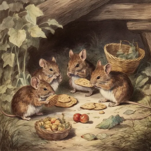 a painting of three mice eating food