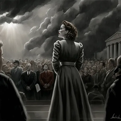 a painting of a woman standing in front of a crowd of people