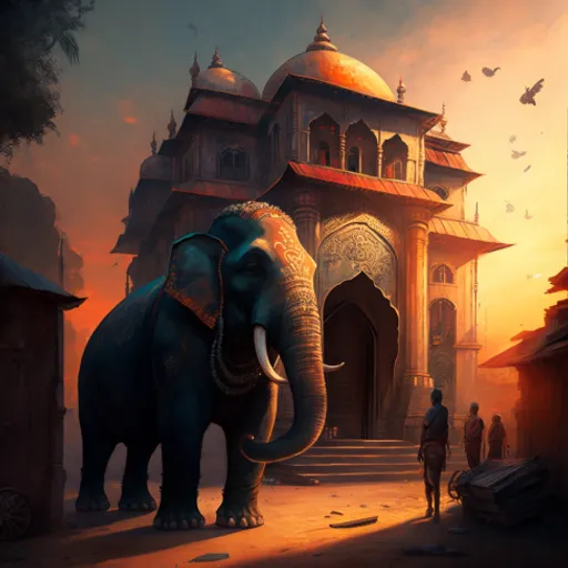 a painting of an elephant standing in front of a building