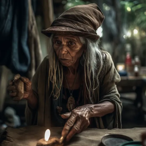 an old woman sitting at a table with a candle in her hand