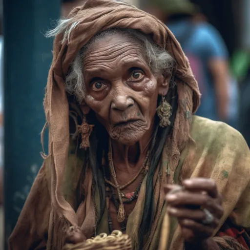 an old woman is holding a basket of food