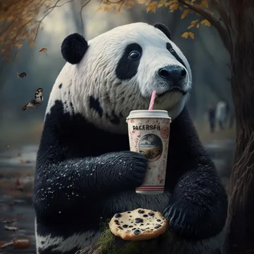 a panda bear holding a drink and a donut