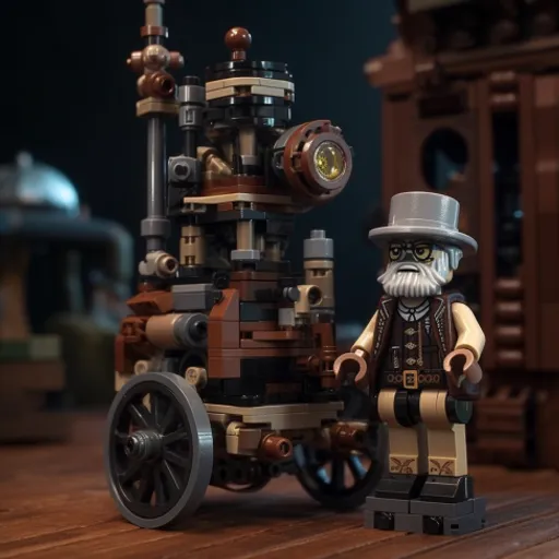 a lego man standing next to a model of a steam engine