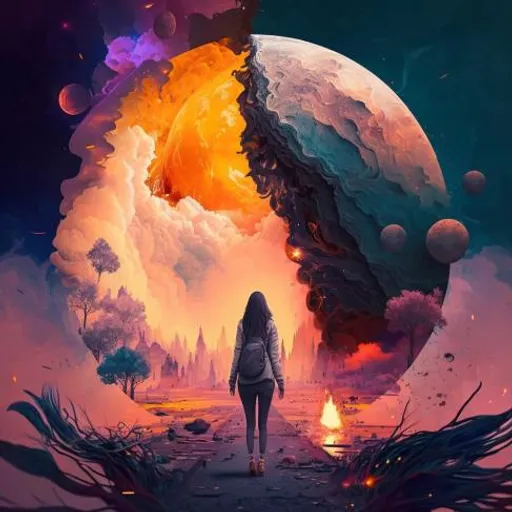 a woman standing in front of a giant planet