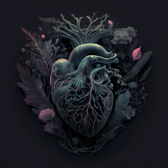 a heart surrounded by plants and leaves