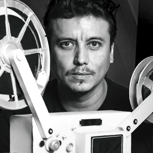 a black and white photo of a man with a camera