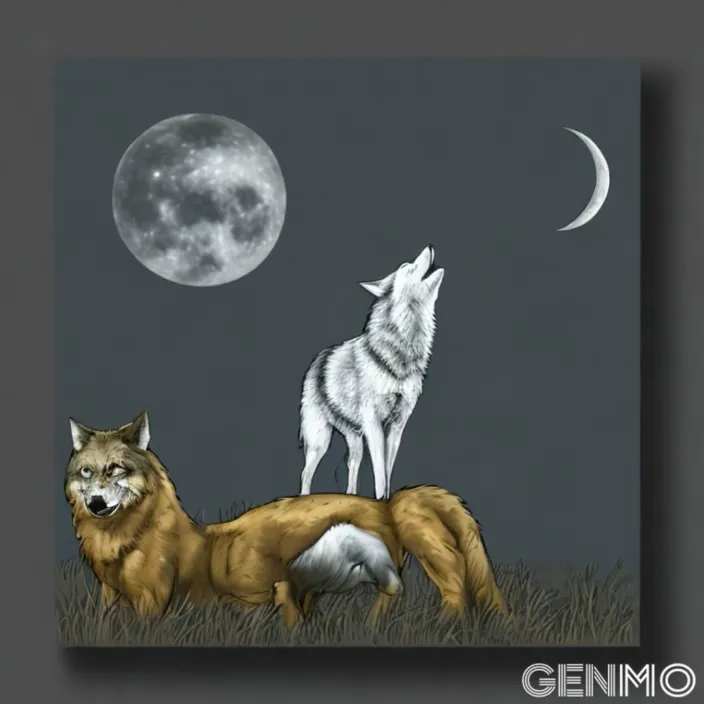 a painting of two wolfs on a hill with the moon in the background