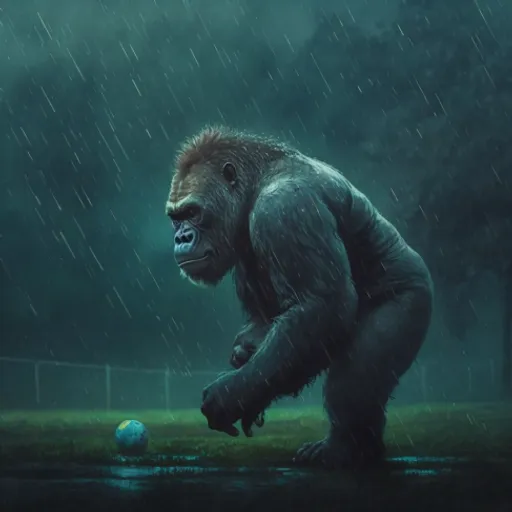 a gorilla is playing with a ball in the rain