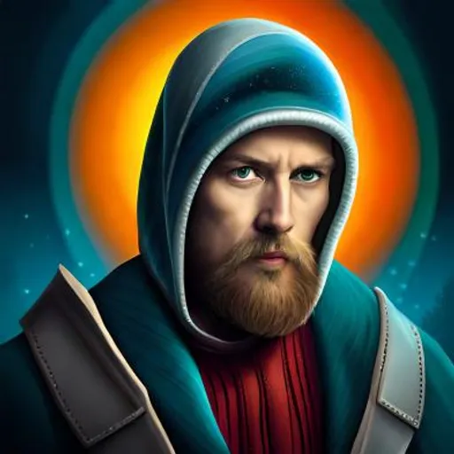 a painting of a man with a beard and a hoodie