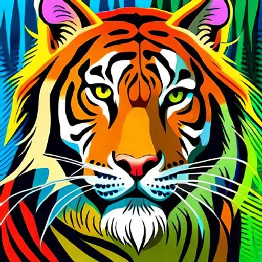 a painting of a tiger on a colorful background