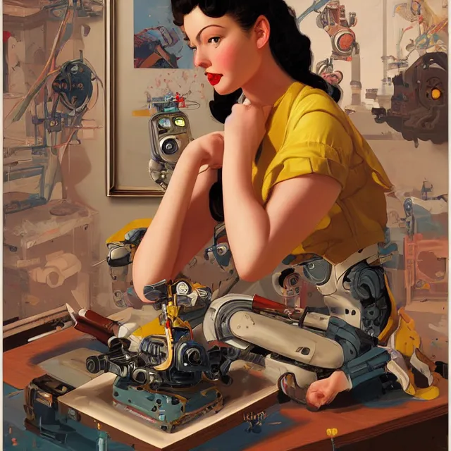 a painting of a woman working on a machine