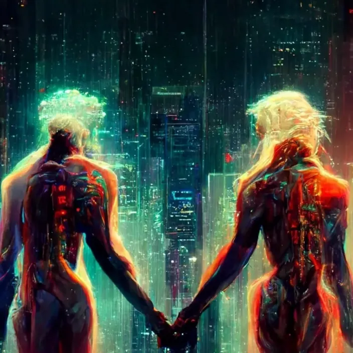 two people holding hands in front of a cityscape