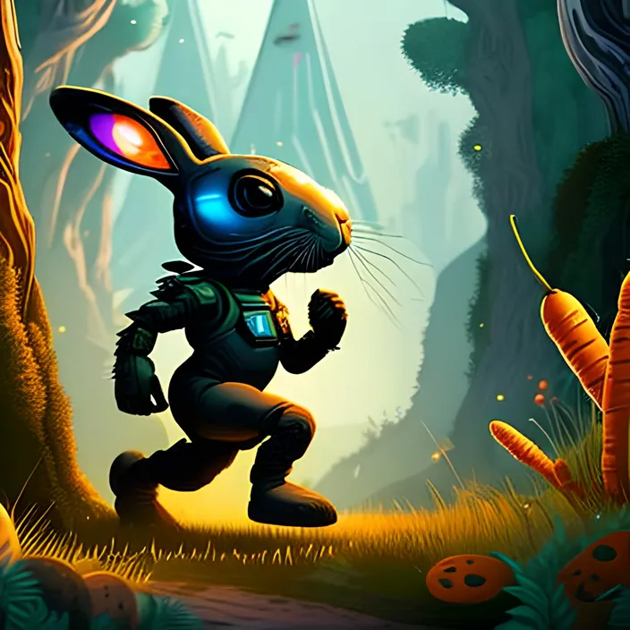 a rabbit running through a forest with carrots