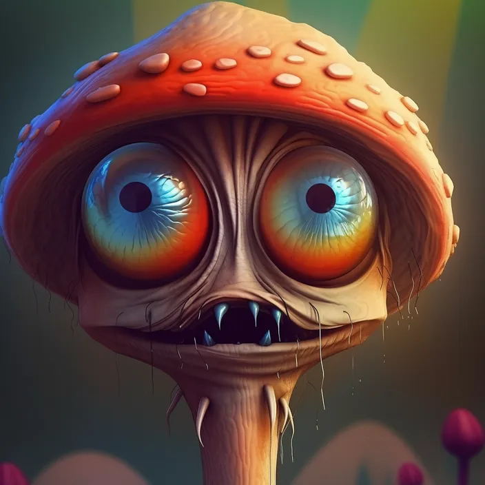 a strange looking mushroom with big eyes