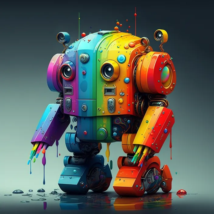 a multicolored robot standing in a puddle of water