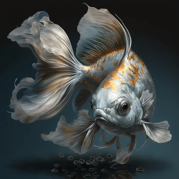 a goldfish with white and orange fins swimming in water