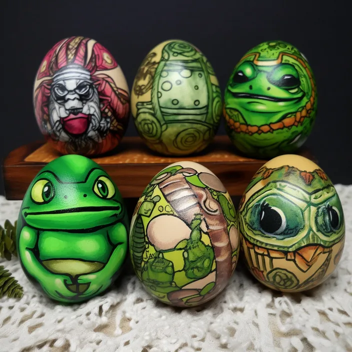 a group of painted eggs sitting on top of a table