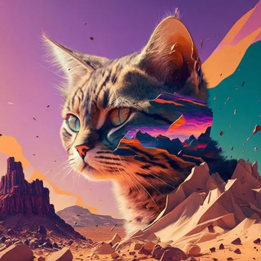 a painting of a cat with a mountain in the background