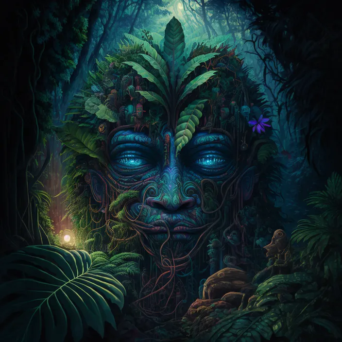 a digital painting of a man's face surrounded by plants