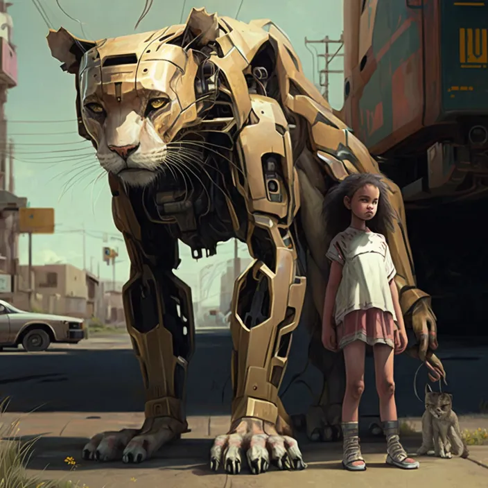 a little girl standing next to a giant cat