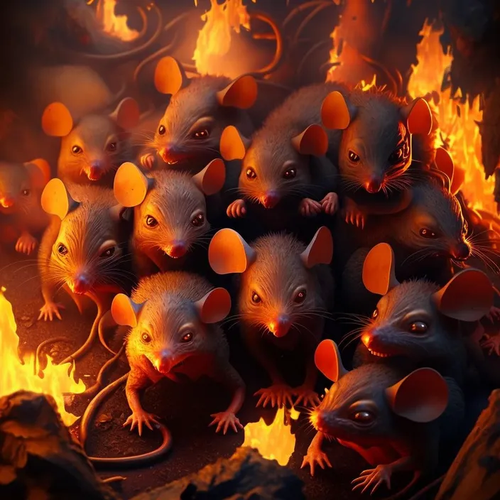 a group of mice with glowing orange eyes