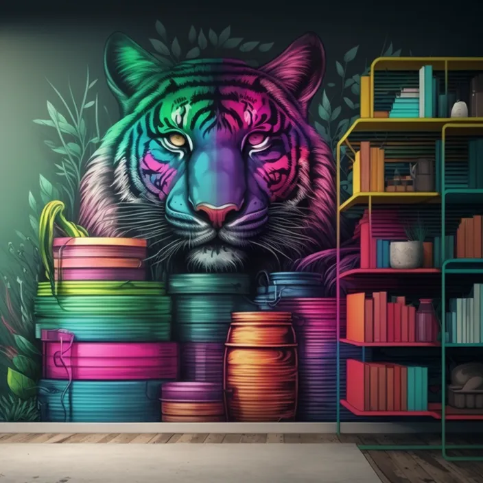 a room with a mural of a tiger on the wall