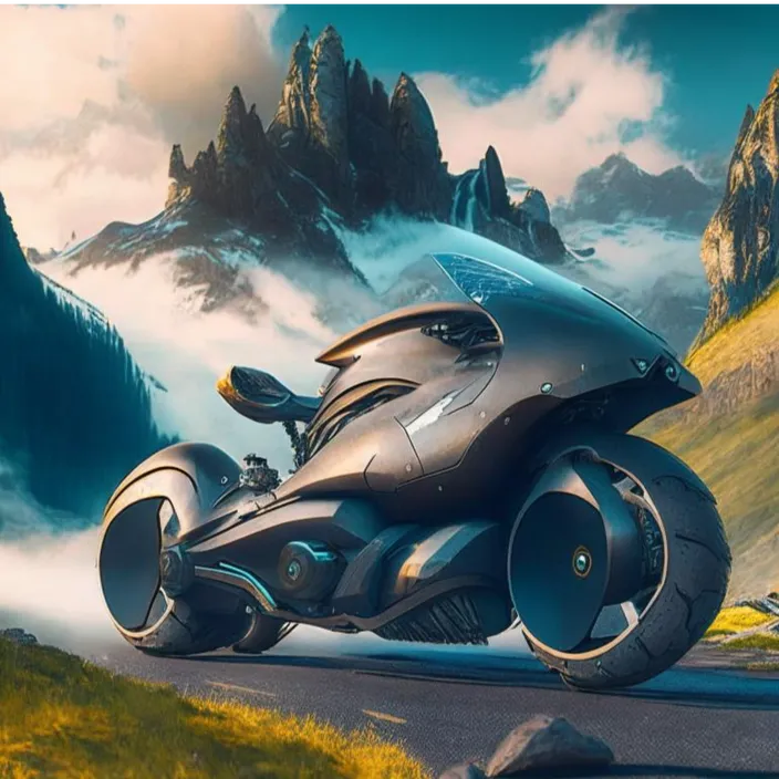 a futuristic motorcycle driving down a mountain road