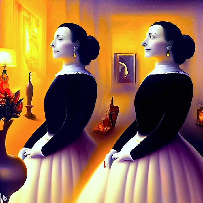 a painting of two women standing in a room