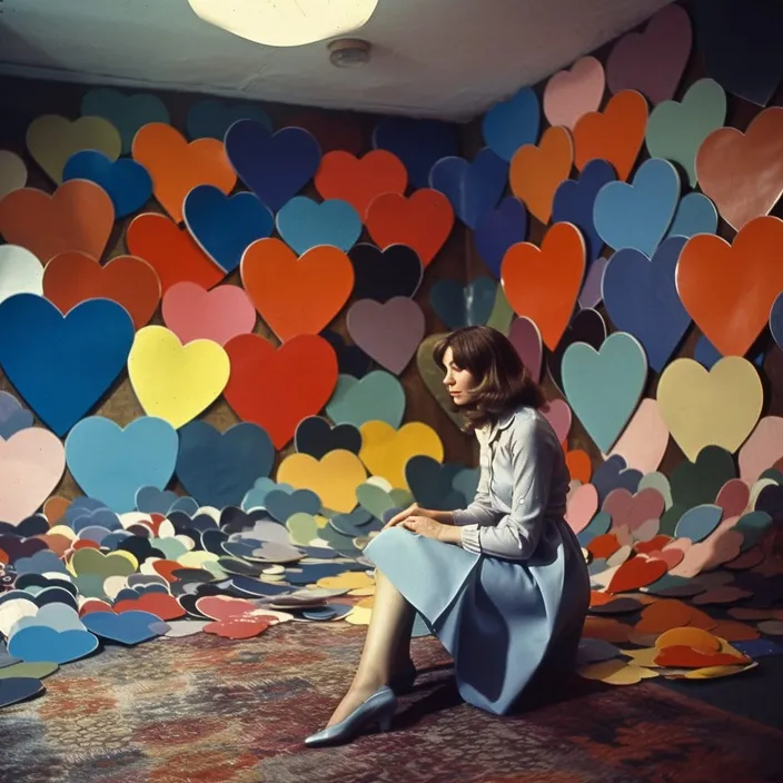 a woman sitting on the ground in front of a wall of hearts