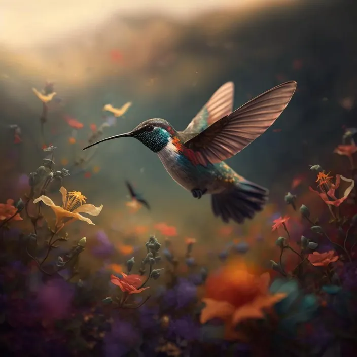 a painting of a hummingbird flying over a field of flowers