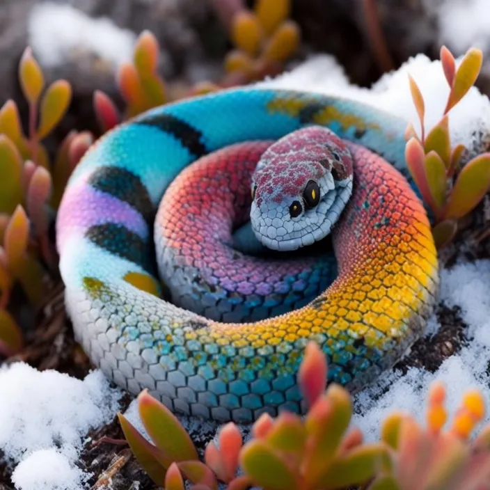 a colorful snake is curled up in the snow