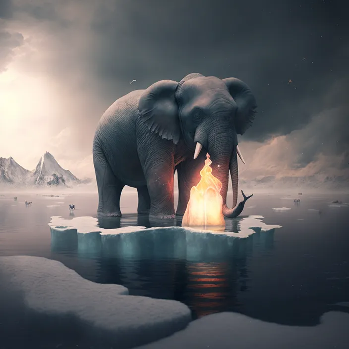 a couple of elephants standing on top of an iceberg