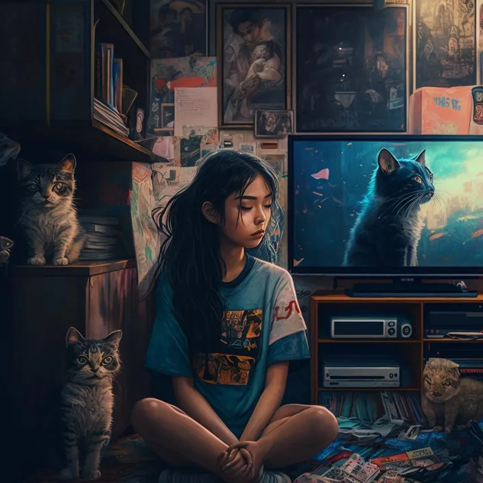 a young girl sitting in front of a tv watching a cat