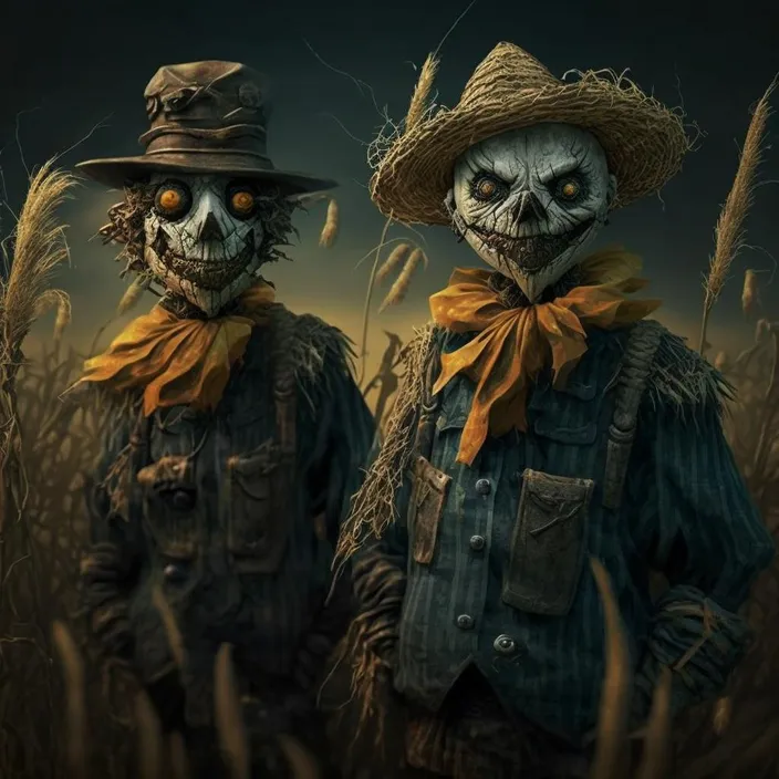 two scarecrows wearing hats and scarecrows in a field