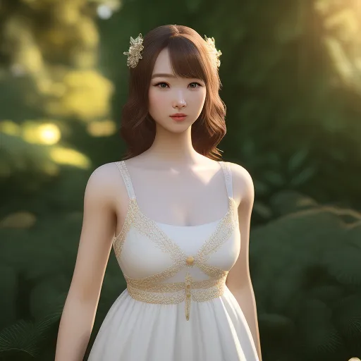 a woman in a white dress standing in a forest